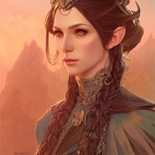 Image similar to full portrait of an elder elegant high elf , D&D, fantasy, intricate, cinematic lighting, highly detailed, digital painting, artstation, concept art, smooth, sharp focus, illustration, art by Terry Moore and Greg Rutkowski and Alphonse Mucha