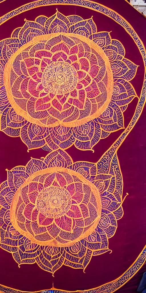 Image similar to a very intricate huge lotus mandala half painted on silk, shot by 5 0 mm f 2