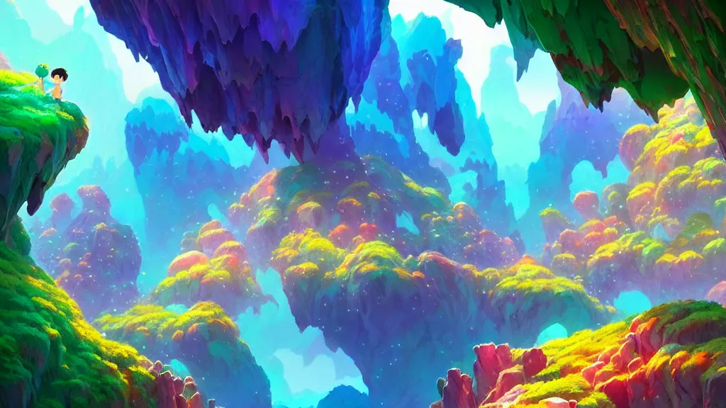 Prompt: colorful crystal cave, studio ghibli, pixar and disney animation, sharp, rendered in unreal engine 5, highly detailed, digital painting, artstation, concept art, smooth, sharp focus, illustration, wide angle, artbook, wallpaper, splash art, promo art, dramatic lighting, art by artgerm and greg rutkowski and bo chen and jin xiaodi