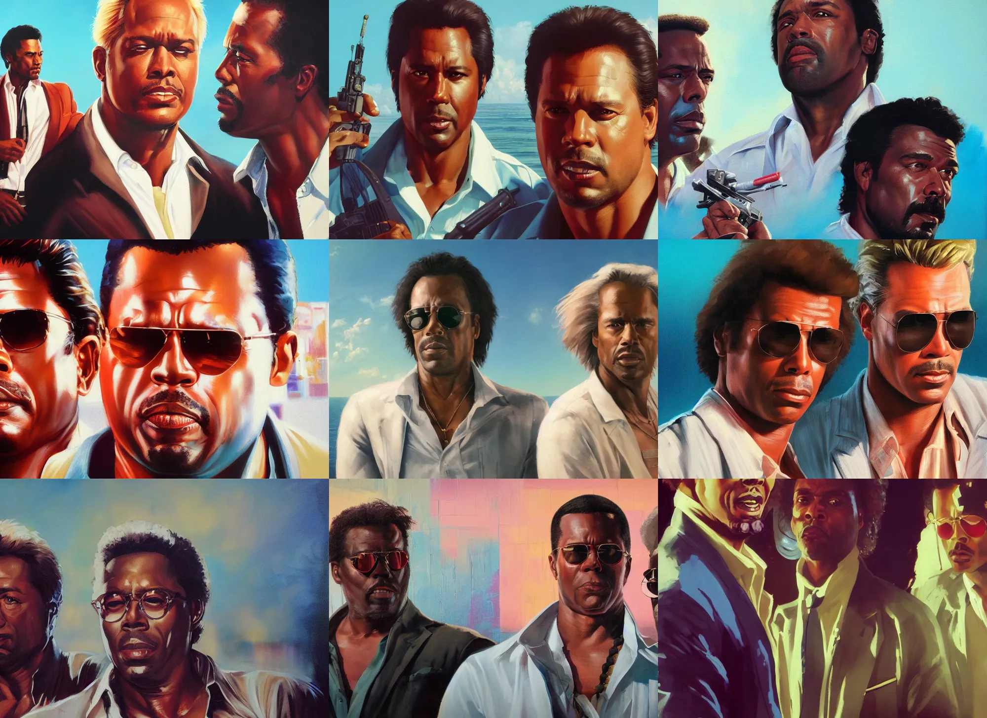 Prompt: a closeup portrait painting of crockett and tubbs in eighties miami vice, ultra realistic, highly detailed faces, true life, 8 k, masterpiece, cinematic, by frank frazetta, greg rutkowski, yoko taro, christian macnevin, beeple, wlop, krenz cushart, epic character art, dramatic lighting