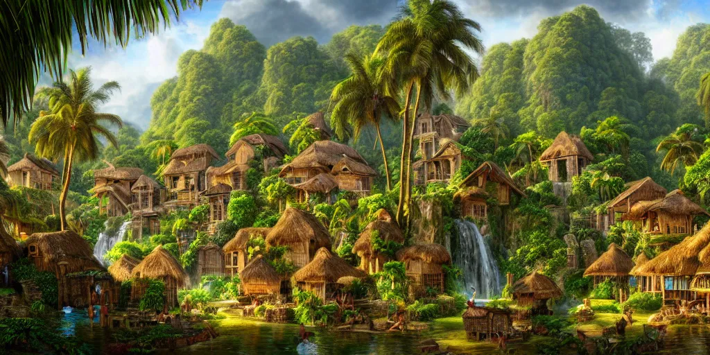 Image similar to village in a tropical eastern waterfall valley, with great birds, lush wildlife, rich geometry, ancient ruins, precise and incredibly highly detailed intricate 8 k wallpaper, john stephens, intricate stunning award winning masterpiece trending on artstation