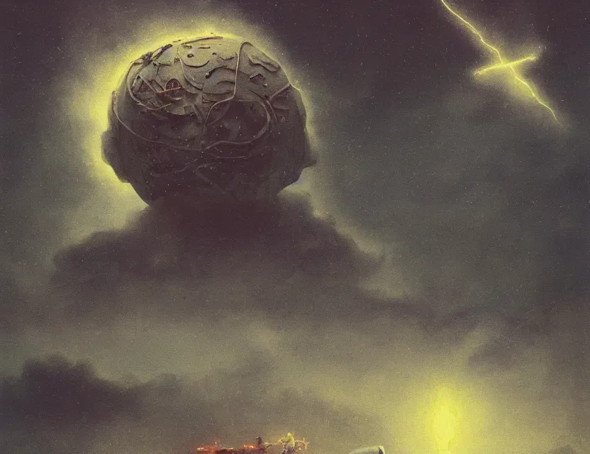 Image similar to a space laces kind of poster cinematic sci - fi scene and science fiction theme with lightning, aurora lighting. clouds and stars. smoke. a ball of light in the middle. futurism. fantasy. by beksinski carl spitzweg and tuomas korpi. baroque elements. oil painting. dramatic. artstation. 8 k