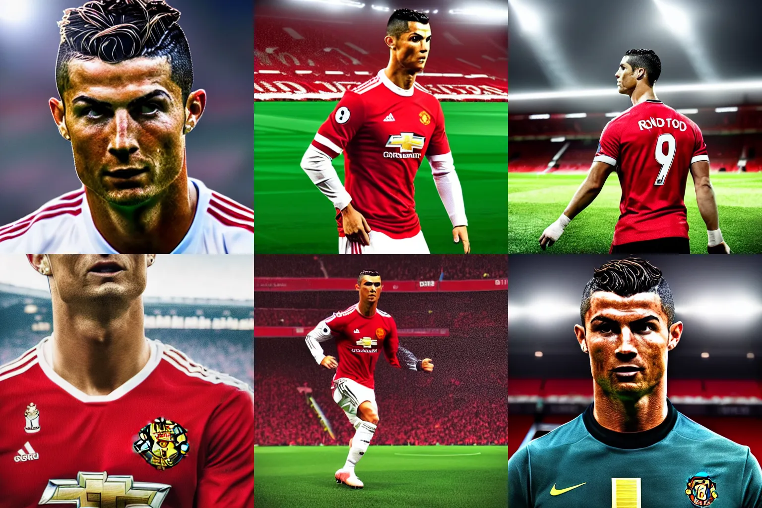 Prompt: cropped portrait photo of cristiano ronaldo in old trafford soccer stadium, realistic proportions, dramatic lighting, high detail 4 k