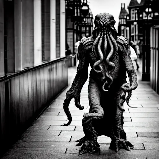 Prompt: cthulhu with a human body walks through the streets of london. sigma 85mm f/1.4