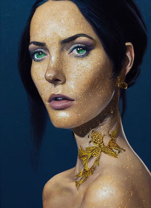 Image similar to portrait of a queen with green eyes and freckles, dressed in a navy blue gown with gold embroidered details, dark brown hair, detailed face, fantasy, cinematic lighting, digital art painting, fine details by realistic shaded lighting poster by ilya kuvshinov katsuhiro otomo, magali villeneuve, artgerm, jeremy lipkin and michael garmash and rob rey