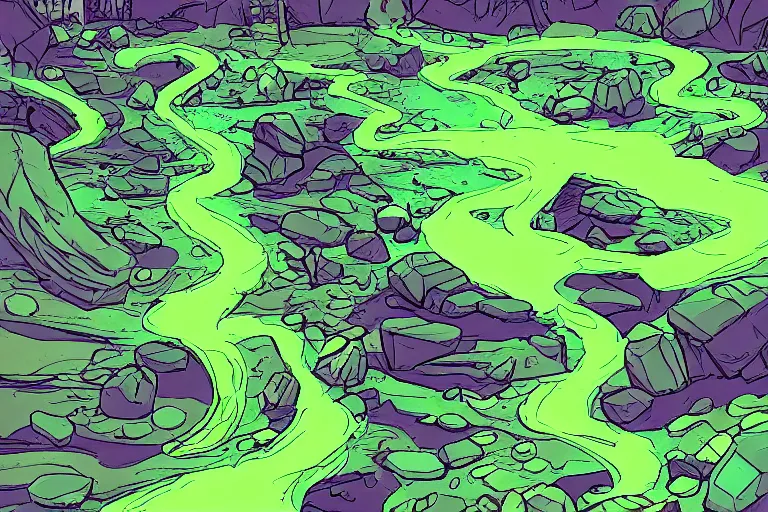 Prompt: glowing green rocks, toxic sludge, like where the hulk would live, landscape, comic book art style, pictures in sequence, storyboarding, speech bubbles, explosions