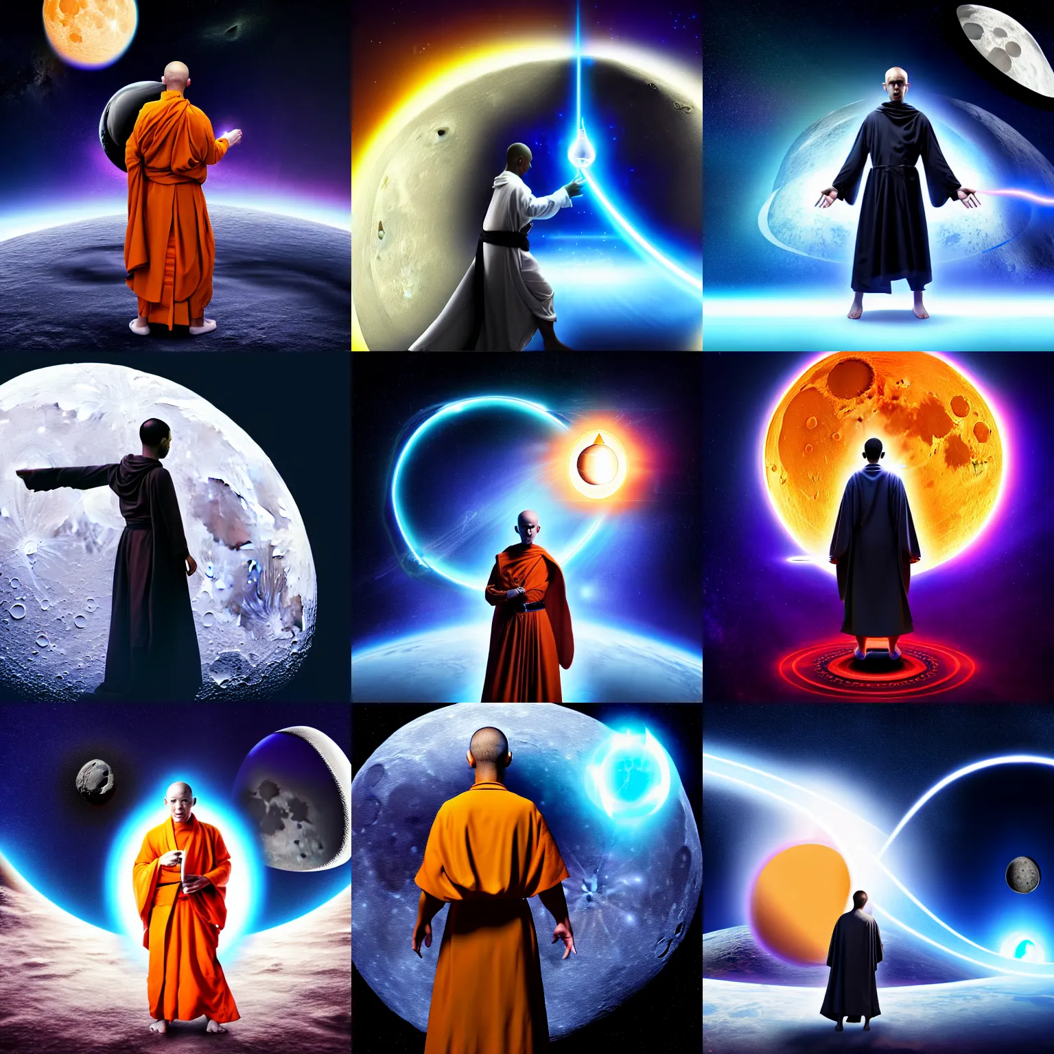 Prompt: hyper futuristic monk in cloth with a black hole in place of his head holding an energy sword standing on the moon, 8K resolution, very aesthetic, moon surface background