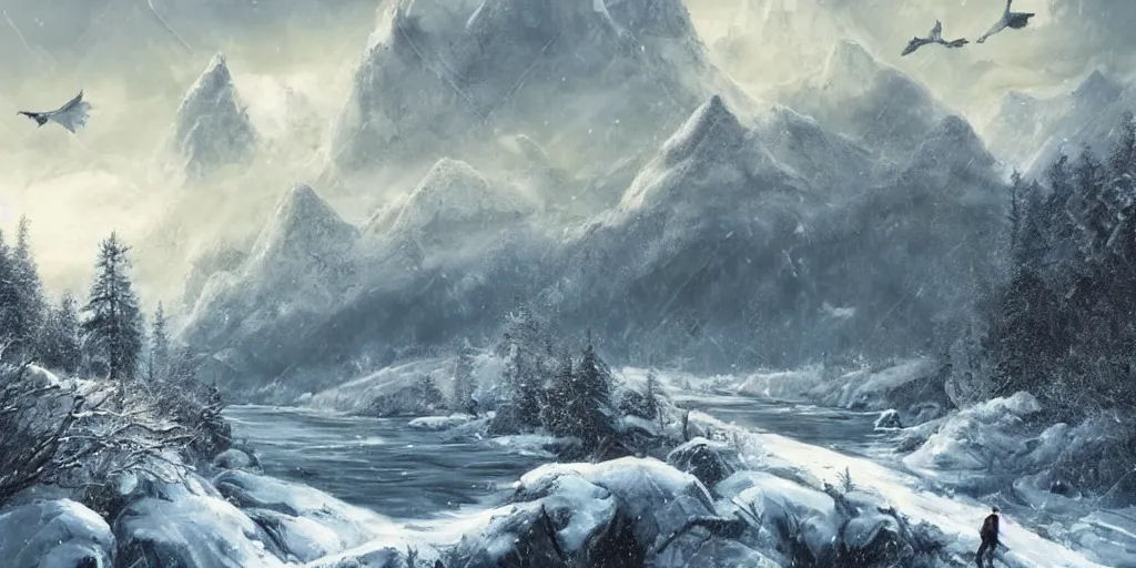 Prompt: A majestic landscape featuring a river, mountains and a forest. A small group of birds is flying in the sky. Harsh winter. very windy. There is a man walking in a deep snow. Cinematic, very beautiful, painting in the style of Lord of the rings