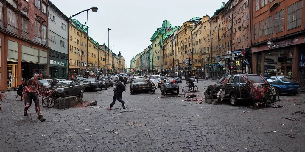 Prompt: Hordes of Zombies in Stockholm, Sweden, Intersection, Storefront, alleyway, chairs, table, city street lights, clumps of cables, abandoned cars, smoke, umbrella, convenience store, dusk sky, dingy city street, exiting store, getting groceries, hilly road, Swedish writing, looking down street, moped, raining, smoking outside, tan suit, wet road, wet street, white shoes, wires hanging above street, wires in background, very high quality photography, dusk, cinematic.