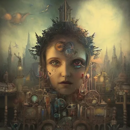 Image similar to ultra realist soft painting of a curiosities carnival by night, nightmare fuel, omnious sky, symmetry accurate features, very intricate details, film noir, volumetric clouds, desolated world, Tom Bagshaw