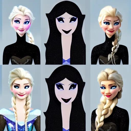 Prompt: a elsa from frozen with really long black hair with black ice and black snow powers