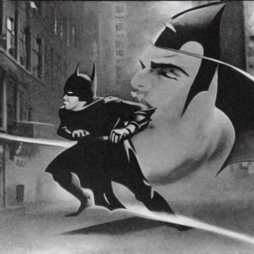 Prompt: old black and white photo, 1 9 2 5, depicting batman fighting a al capone in an ally of new york city, rule of thirds, historical record