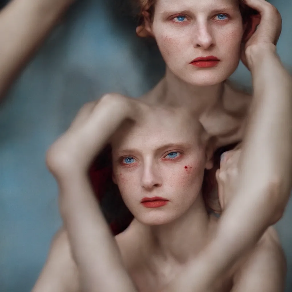 Image similar to close up portrait of a pale woman, photograph, blue and red studio light, sharp, detailed face, gaze, editorial model, annie leibovitz, steve mccurry, 1 0 5 mm, at the restaurant at the end of the universe, 8 k