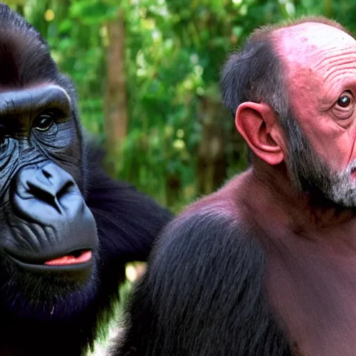 Prompt: A photo of Mike Ehrmantraut confronting a gorilla, cinematic lighting