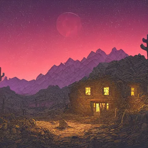 Image similar to mysterious desert at night, watefall and mountains on background, little abandoned village on foreground, by dan mumford and sandra chevrier, 4 k