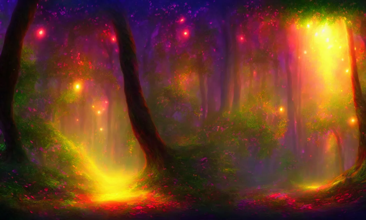 Image similar to enchanted magical forest on magical colorful fire , digital painting , digital art , artstation , devian art , 4k , HD