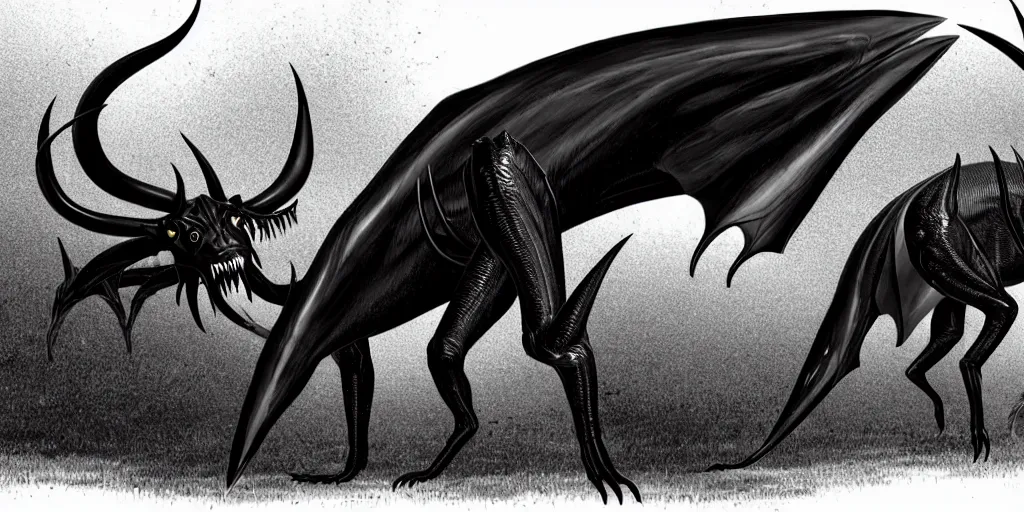 Image similar to a large, predatory creature with a long, segmented body. It has dozens of legs, each of which is tipped with a sharp claw. Its head is large and triangular, with two long, curved horns. Its eyes are black and glittering, and its mouth is full of sharp teeth. Its body is covered in tough, glossy scales, and its tail is long and whip-like. by Kentaro Miura, Tsutomu Nihei, trending on artstation