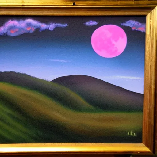 Prompt: pink moon and hills realistic painting