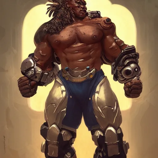 Image similar to science-fiction utopian character portrait of a huge muscular menacing Doomfist from Overwatch, white face paint, intricate, wild, highly detailed, digital painting, artstation, upper body, concept art, smooth, sharp focus, illustration, art by artgerm and greg rutkowski and alphonse mucha