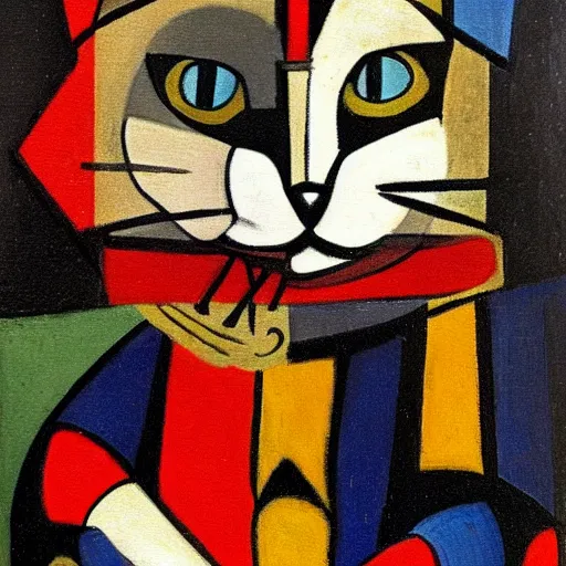 Image similar to a cubism painting of a cat dressed as French emperor Napoleon