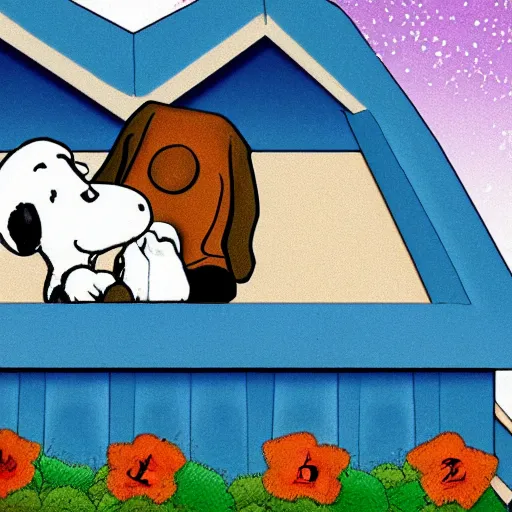 Image similar to snoop dog lying on top of snoopy's dog house, high detail