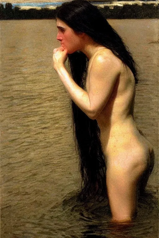 Image similar to young woman's face breaking the waters surface, long black hair, pale skin, symmetrical face, photorealism, 4k, dramatic lightning, by Thomas Eakins,