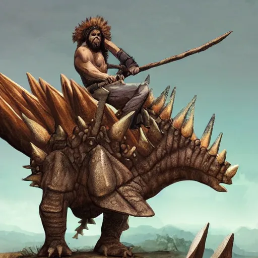 Prompt: caveman riding a stegosaurus, trending on artstation, highly detailed