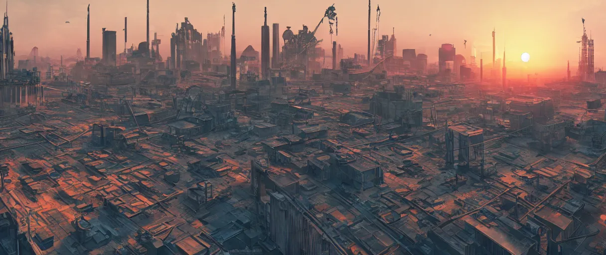 Image similar to digital concept art of dystopian, atompunk Berlin, high quality, high detail, in the style of Ian Hubert, megacity, vivid colours, sunset time, blender render