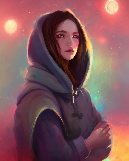 Prompt: colorful and Festive Captivating mage girl, with brown hair, a blue hoodie, serious looking, atmospheric lighting, painted, intricate, highly detailed by Charlie Bowater