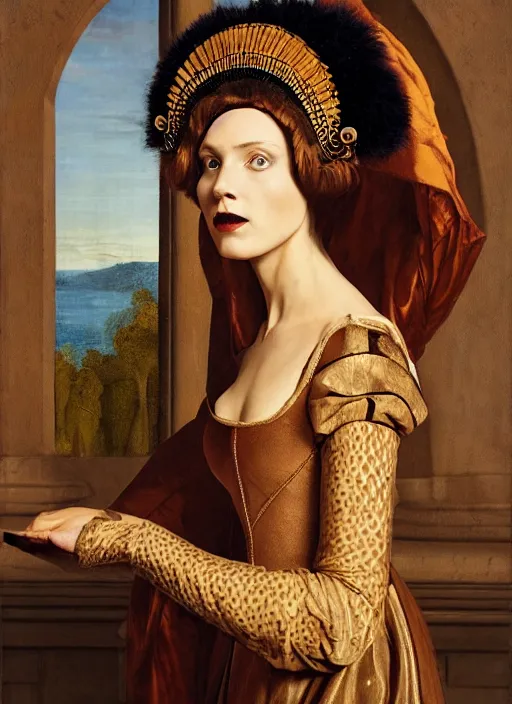 Image similar to portrait of young woman in renaissance dress and renaissance headdress, style by the fifth element