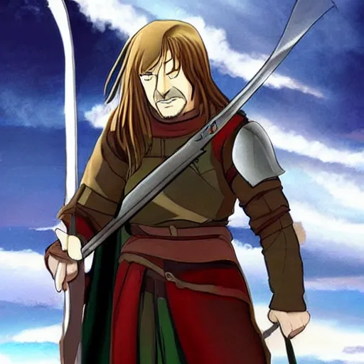 Image similar to boromir in an anime world, holding a sword, incredibly detailed, ultra realistic