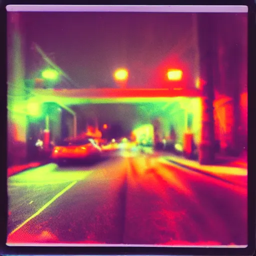 Image similar to colorful instant photograph of the middle of the street at night, polaroid, light leak, raw, nostalgic