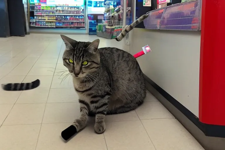 Image similar to cat smoking a cigarette in 7 - eleven