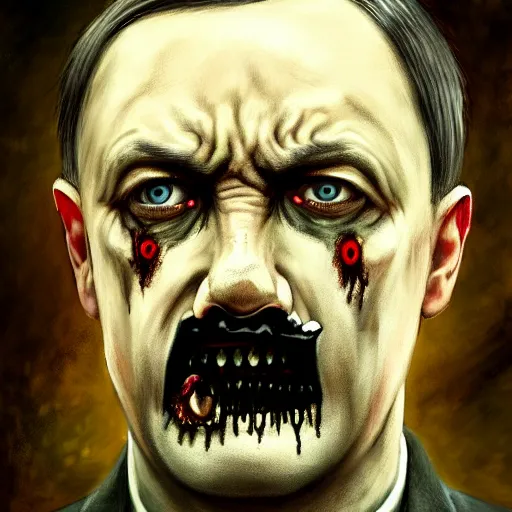 Image similar to head portrait of clothed adolf hitler as a zombie, 7 days to die zombie, gritty background, fine art, award winning, intricate, elegant, sharp focus, cinematic lighting, digital painting, 8 k concept art, art by michael hussar, art by brom, art by guweiz and z. w. gu, 8 k
