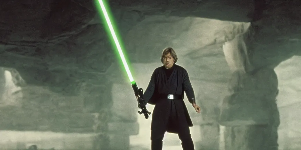 Image similar to Luke Skywalker Return of the jedi played by Mark Hamill 1983, standing alone, full body shot, motion blur, sequel trilogy 80s, green lightsaber, heroic pose, ultra realistic, 4K, movie still, UHD, sharp, detailed, cinematic, render, modern