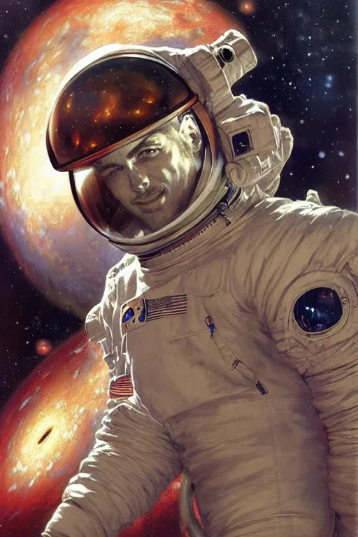 Image similar to attractive astronaut, male, painting by gaston bussiere, craig mullins, j. c. leyendecker, yoji shinkawa, tom of finland