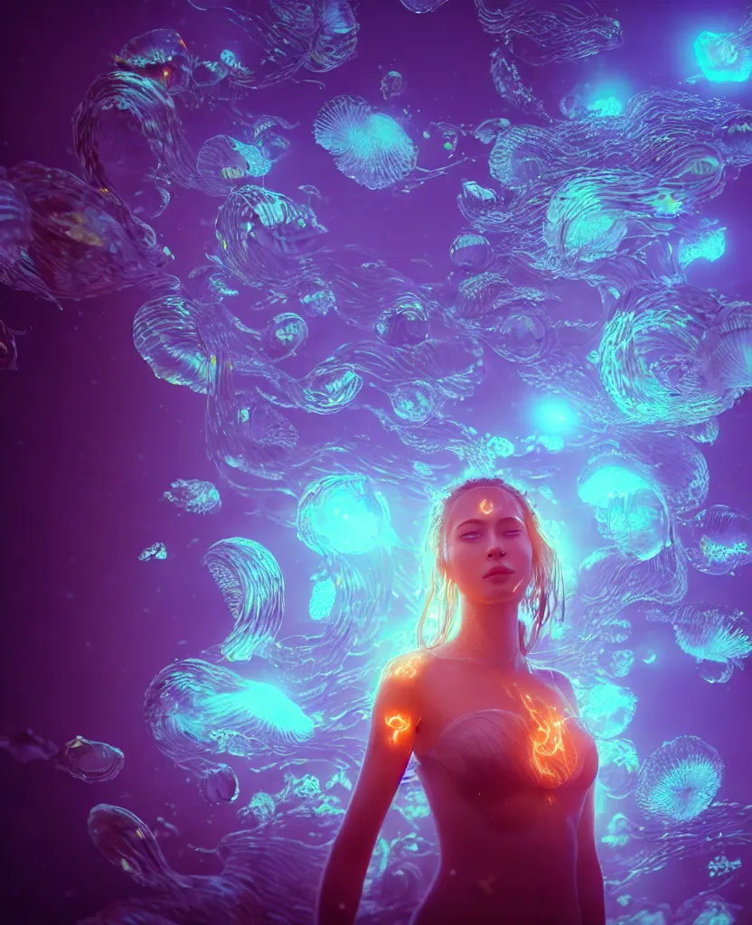 Image similar to close-up portrait of a beautiful girl floating in ethereum surrounded by floating jellyfish, energy flows of fire and water, flashes of plasma, 3d with depth of field, blurred background, a highly detailed epic cinematic concept art CG render. made in Maya, Blender and Photoshop, octane render, excellent composition, cinematic dystopian brutalist atmosphere, dynamic dramatic cinematic lighting, aesthetic, very inspirational, arthouse. y Greg Rutkowski, Ilya Kuvshinov, WLOP, Stanley Artgerm Lau, Ruan Jia and Fenghua Zhong