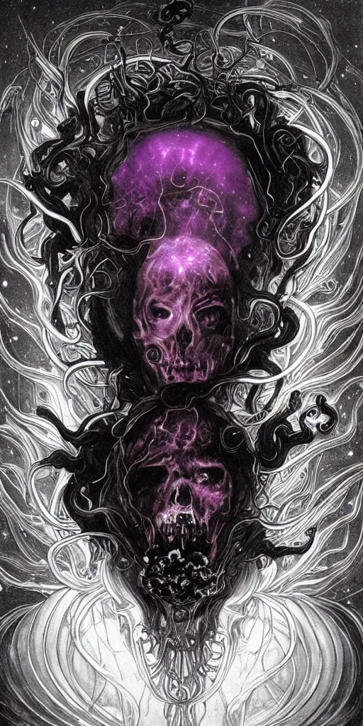 Image similar to intense glowing black metal pagan god with tentacles and intense black eyes with a skull in very dark purple cosmic space nebula by artgerm and alphonse mucha and beksinski, portrait, fantasy, clear, light beams, lens flare, soft, uhd, amazing depth, cinematic lighting, violet and red and black and white and metallic silver