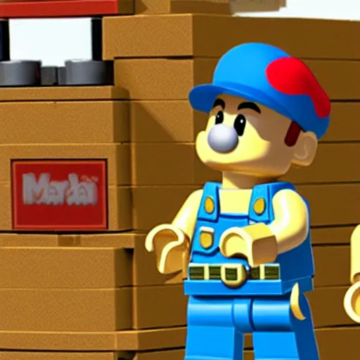 Prompt: a photo of realistic plumber mario with yoshi as lego mini figures