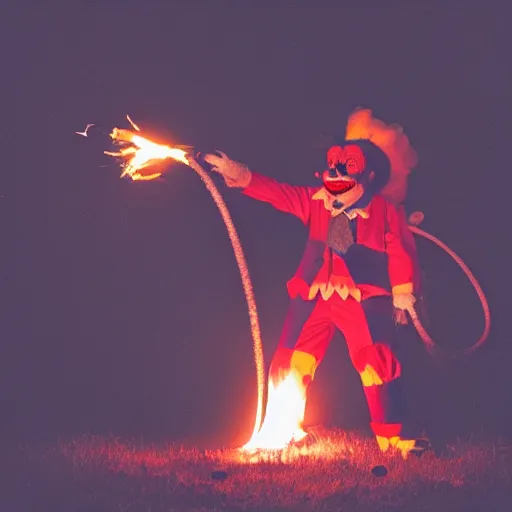 Image similar to photo of a clown using a flamethrower projecting a long bright flame towards a fire, award-winning, highly-detailed, 8K