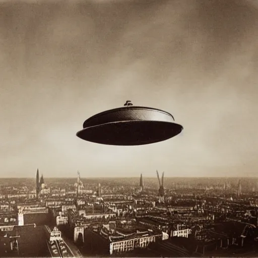 Prompt: A large flying saucer in the sky over London 1900's, wide shot, vintage photo style in sepia