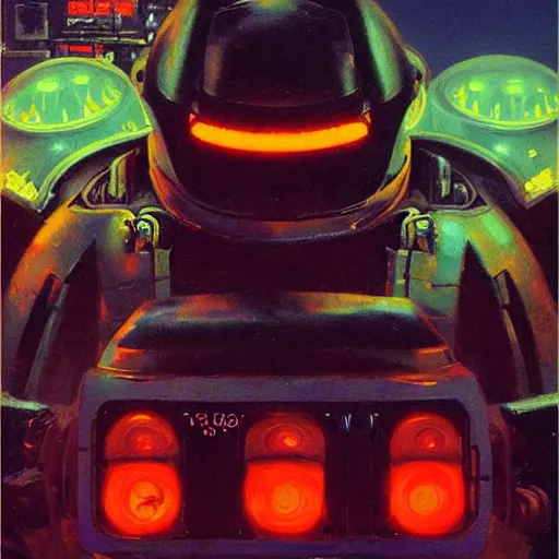 Image similar to a dark and colorful close - up of a sci - fi mecha walrus robot with led lights glowing fog in the background. highly detailed science fiction painting by norman rockwell, frank frazetta, and syd mead. rich colors, high contrast, gloomy atmosphere, dark background. trending on artstation