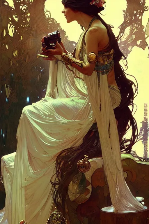 Image similar to A goddess playing video game, fantasy, painting by greg rutkowski and alphonse mucha