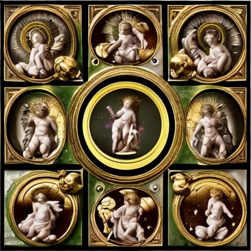 Prompt: Saint Woman, Putti, Venus, Athena, Sistina, baroque, marble and gold, stars, space, sun, deep green, bronze