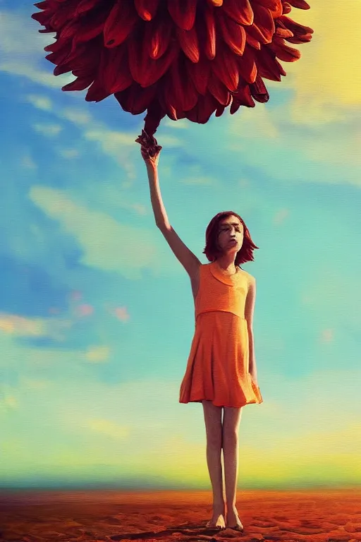 Prompt: closeup giant dahlia flower head, girl standing on beach, surreal photography, blue sky, sunrise, dramatic light, impressionist painting, digital painting, artstation, simon stalenhag