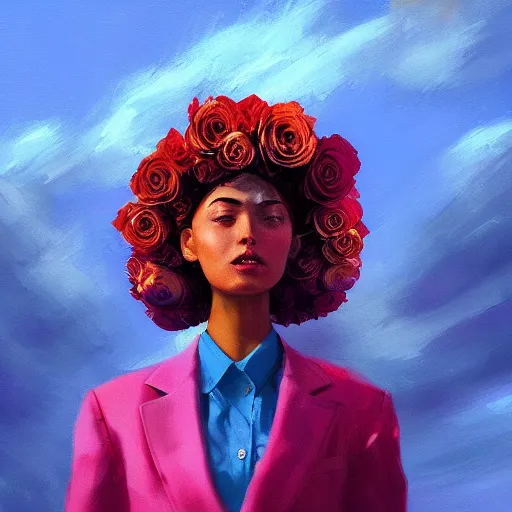 Prompt: closeup, large rose flower head, frontal, girl in a suit, surreal photography, sunrise, blue sky, dramatic light, impressionist painting, digital painting, artstation, simon stalenhag