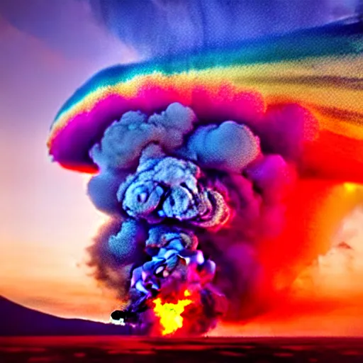 Image similar to colourful cinematic photo of hundreds of zeppelins clustered around an active volcano on an island