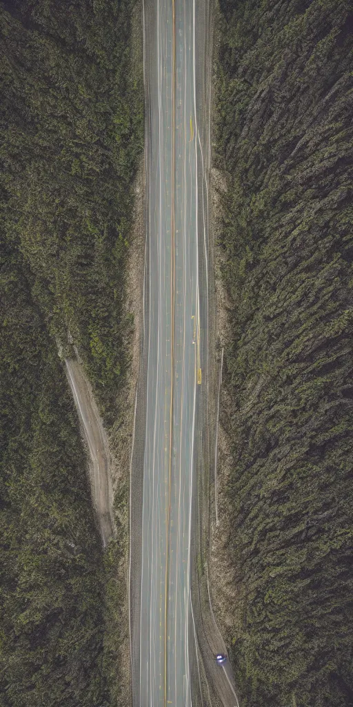 Image similar to detailed dji mavic flying over a mountain road, photo, kodak portra 4 0 0, direct flash, cinematic lighting, anti aliasing