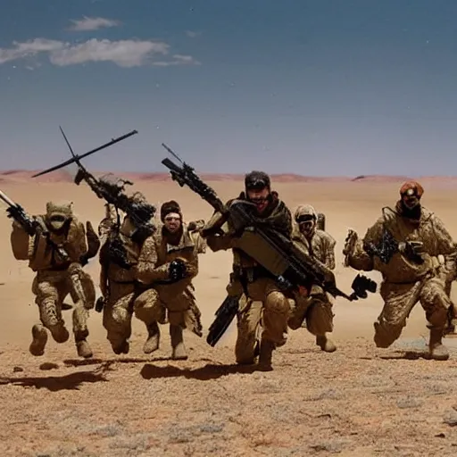 Prompt: kermit, fozzy, gonzo, beeker and other muppets in special forces clothing, fighting in the desert. epic action movie production photograph.