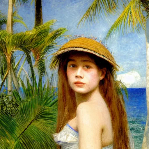 Image similar to a ultradetailed beautiful painting of a girl in the amazonas palace designed by jules bastien - lepage, hans belmer, frank weston and gustave baumann, beach, trending on artstation, mediterranean, palm trees, refracted color sparkles, sharp focus, soft light, 8 k 4 k